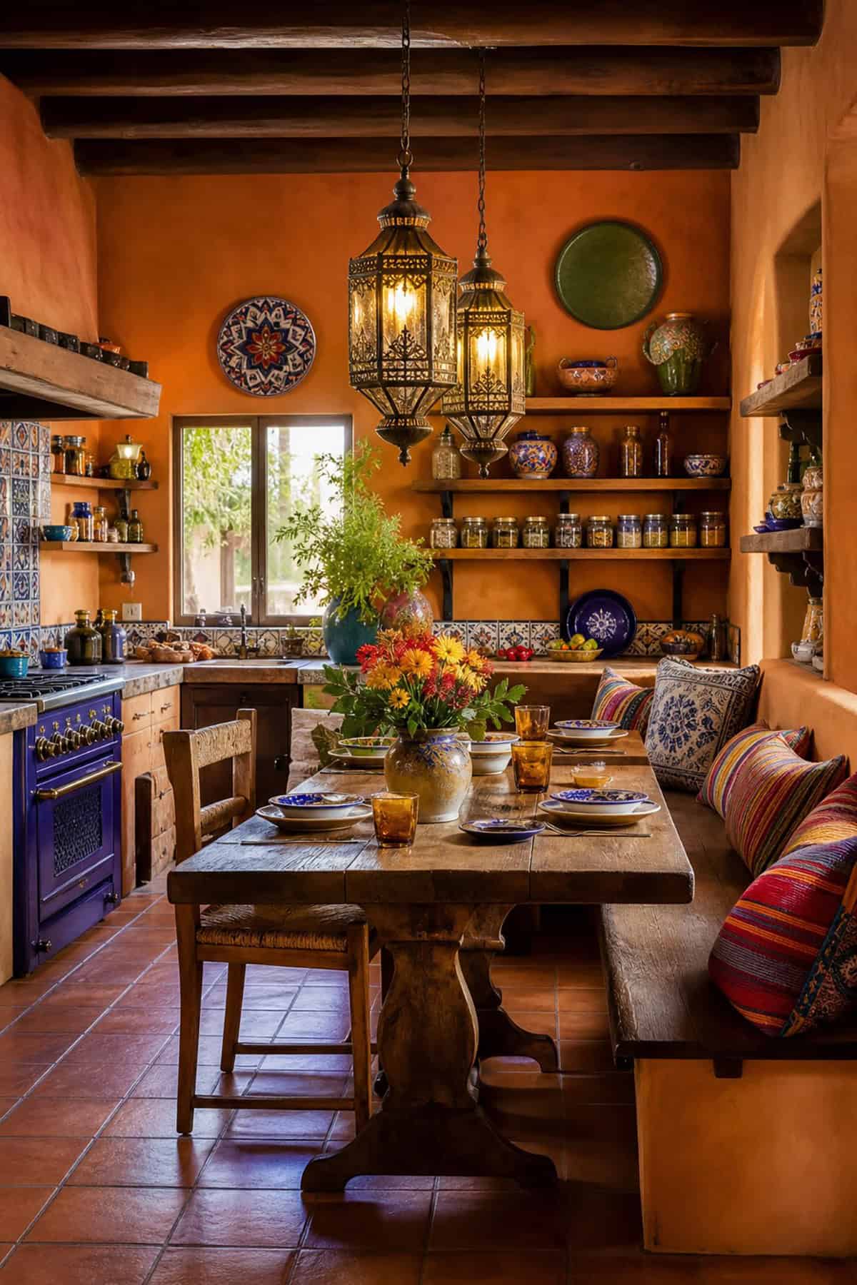 Warm Mexican Kitchen With Built In Wooden Bench Seating
