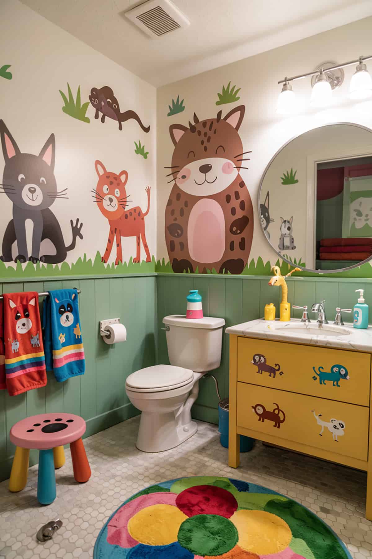 Animal Themed Kid’s Bathroom With Cute Wall Decals