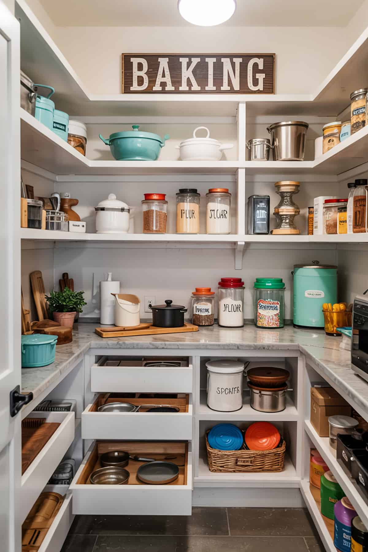 Baking Themed Walk In Pantry With Open Countertop