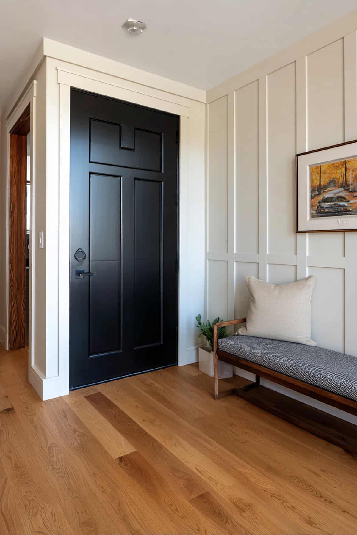 Black Interior Door with White Trim and Board and Batten Wall Detail