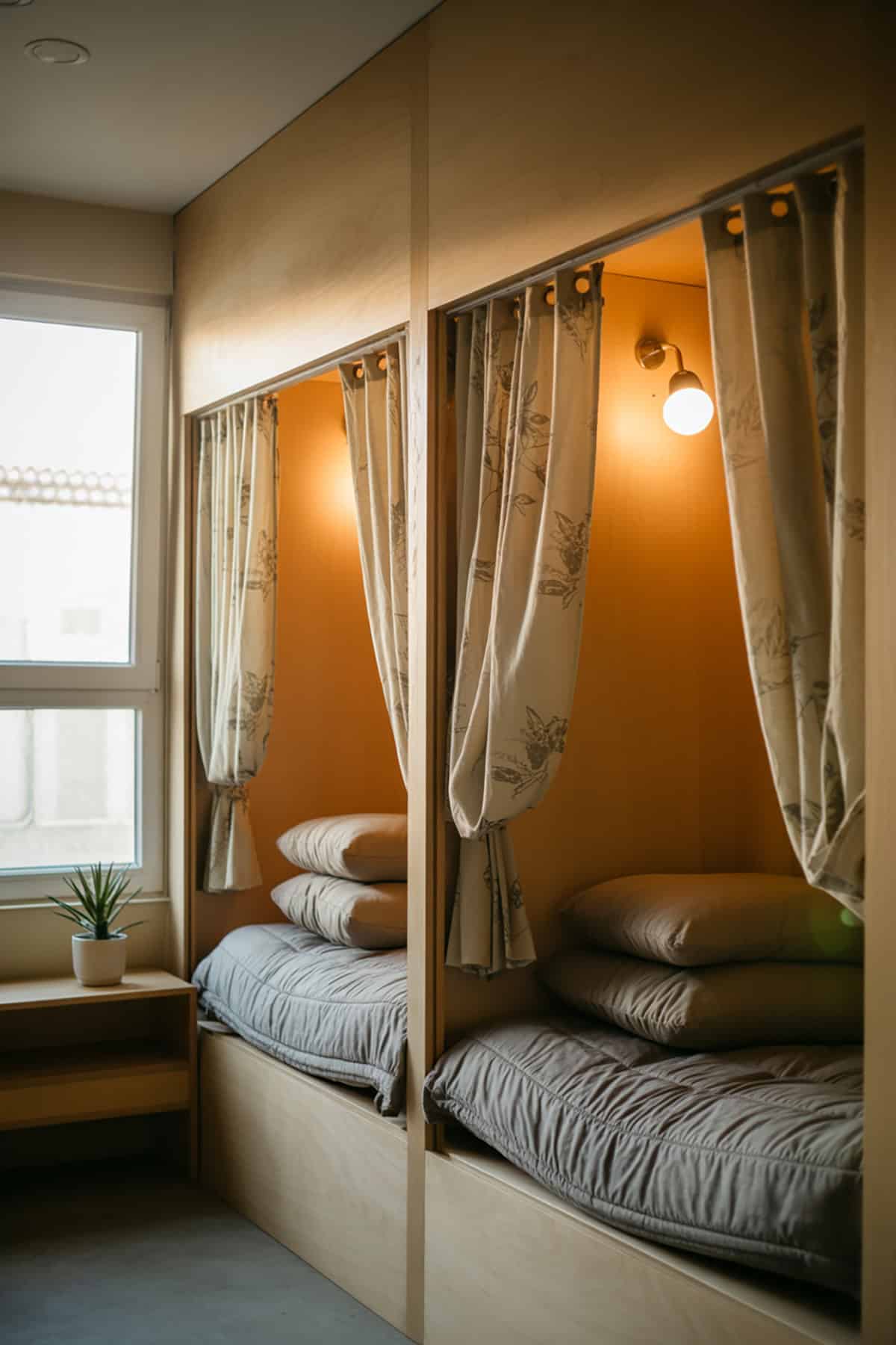 Built In Wooden Bed Nooks With Curtains