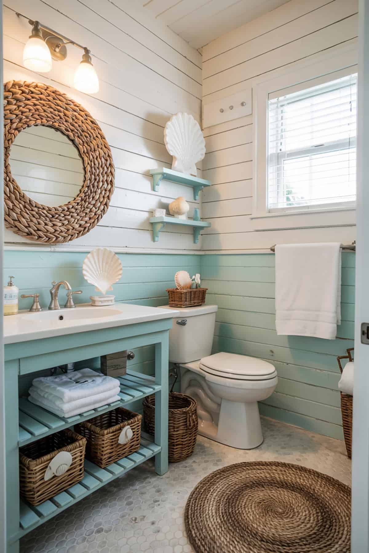 Coastal Themed Bathroom With Shell Decor