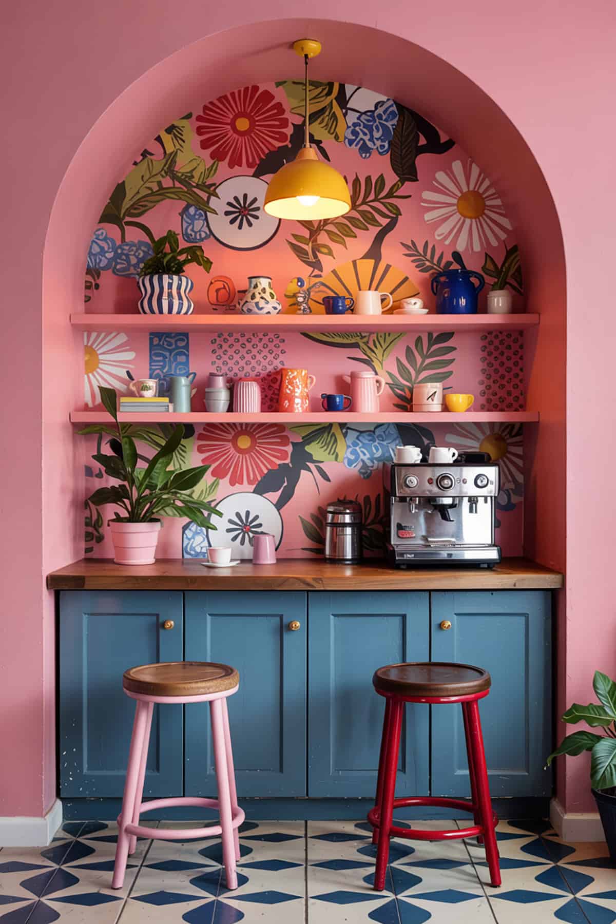 Colorful Coffee Bar With Patterned Wallpaper