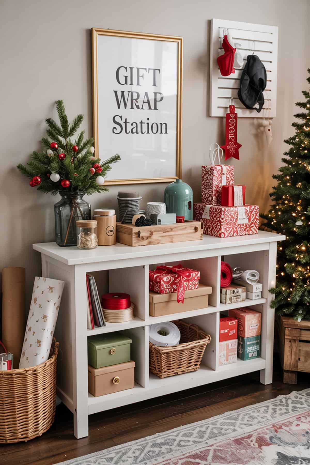 Console Table Gift Wrap Station for the Holidays