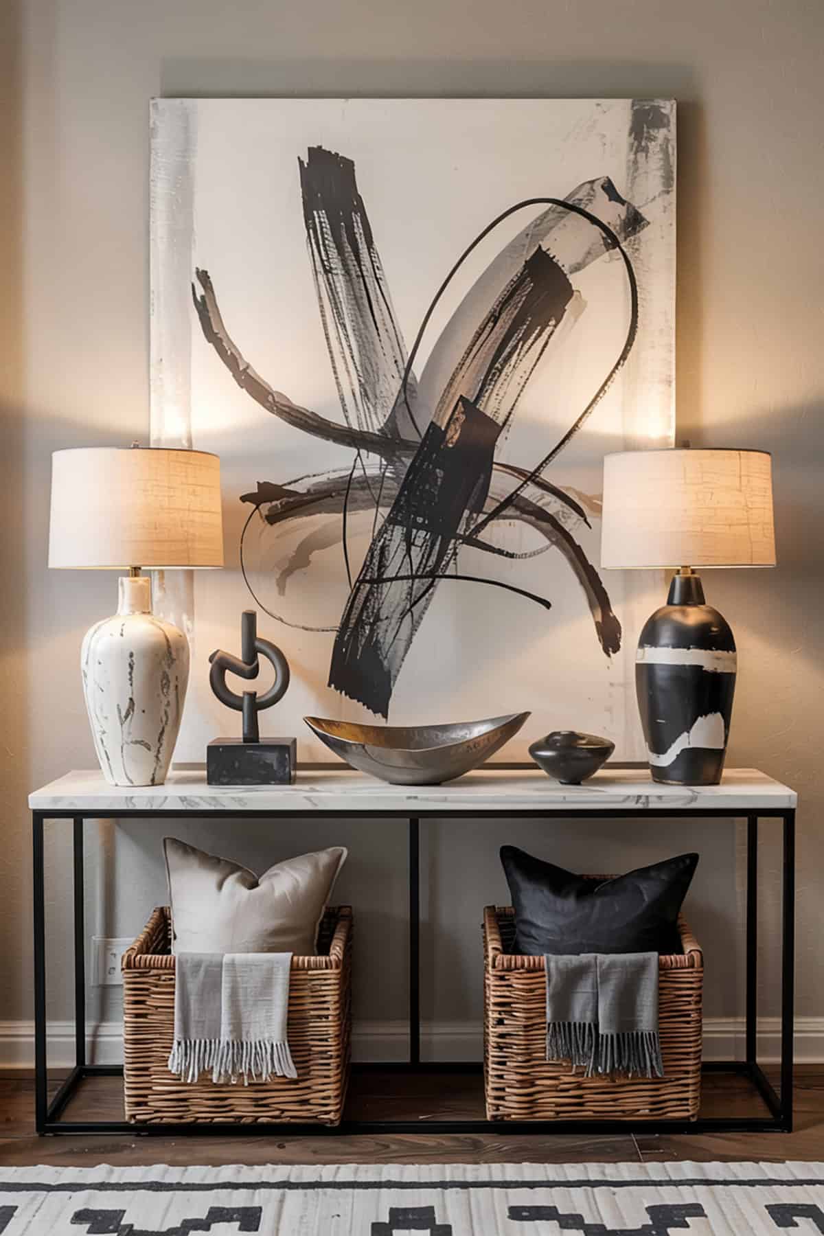 Console Table With Abstract Art and Sculptures