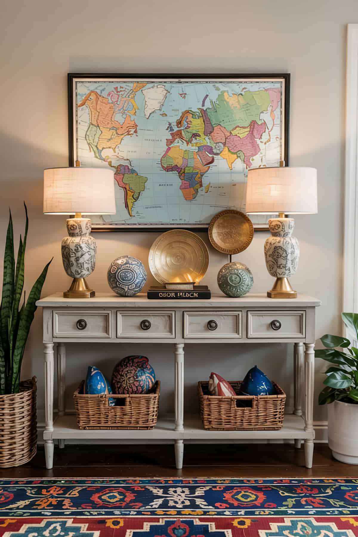 Console Table With Cultural or Travel Inspired Decor