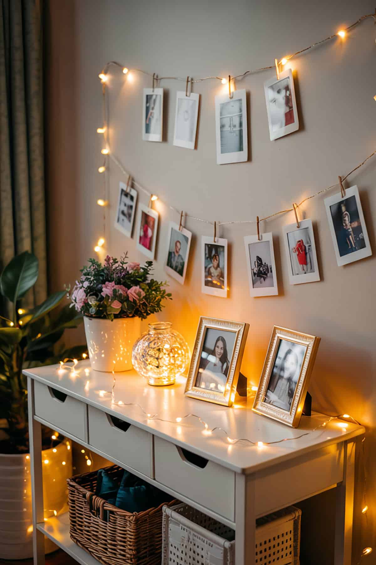 Console Table With Fairy Lights and Photo Frames
