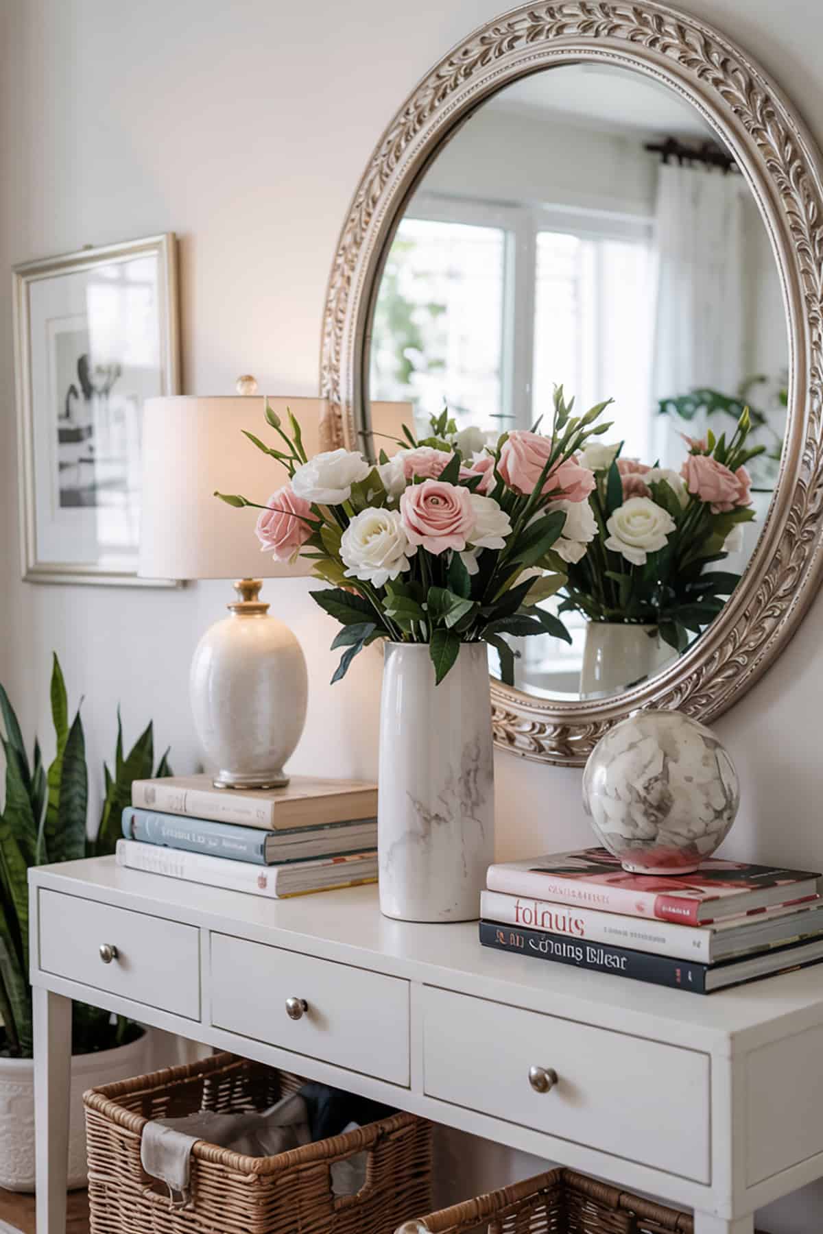Console Table With Floral Arrangement and Books