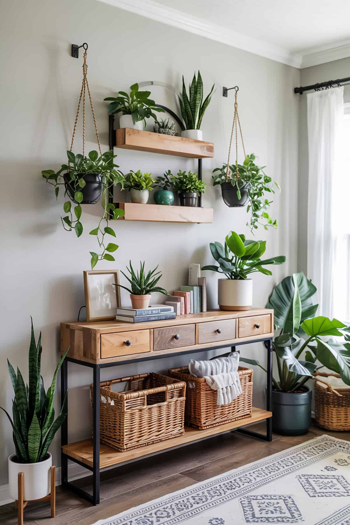 Console Table With Hanging Wall Planters Above
