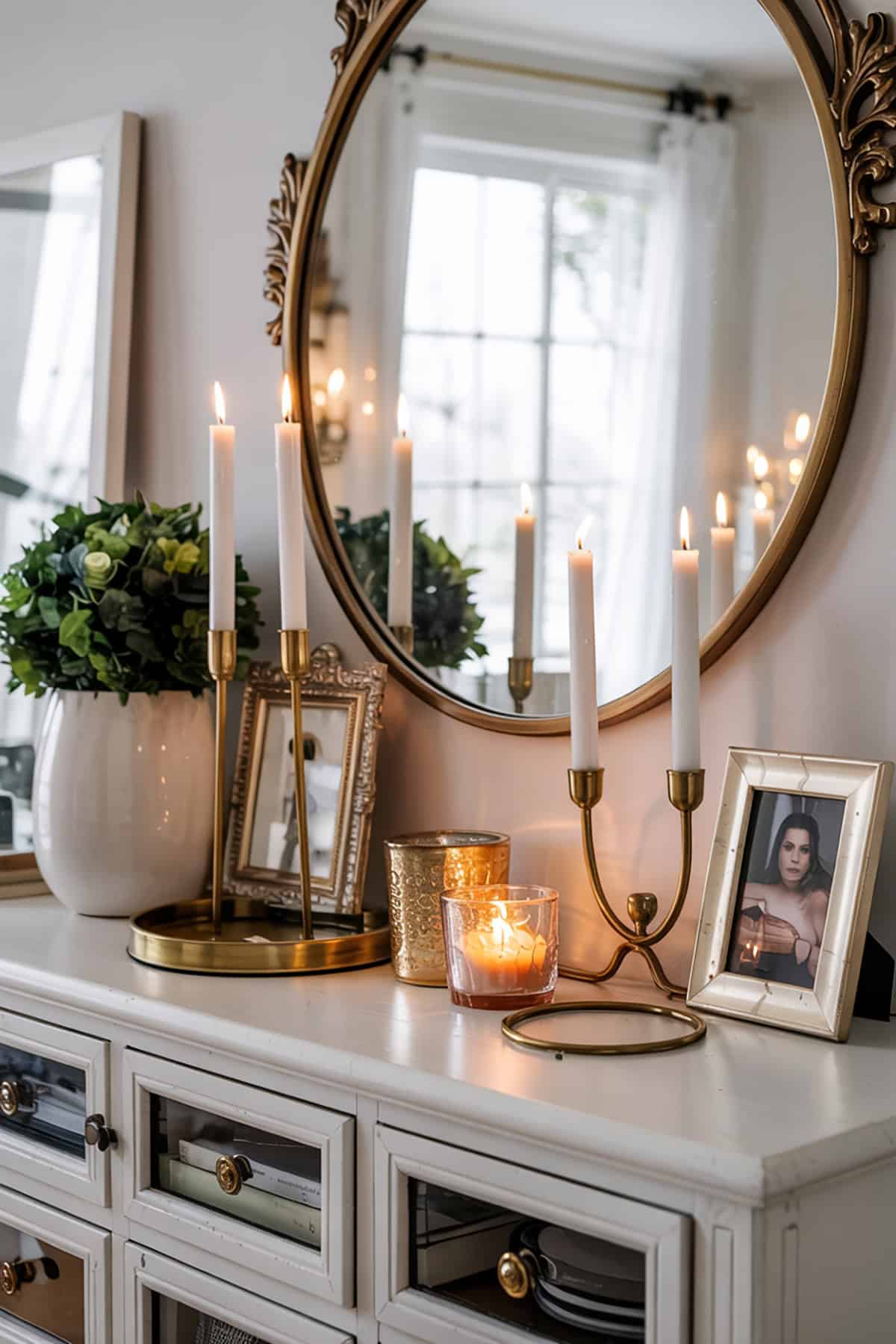 Console Table With Taper Candles and Gold Accents