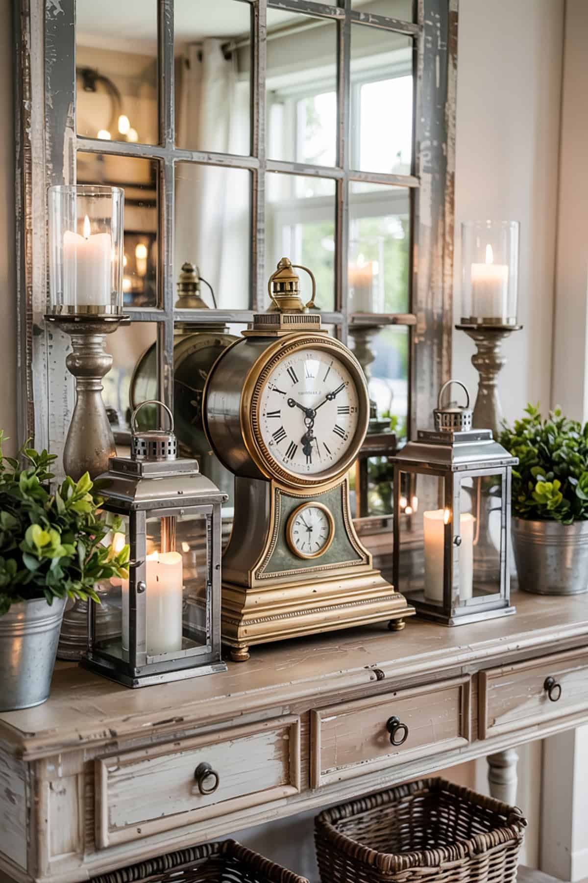 Console Table With Vintage Clock and Lanterns
