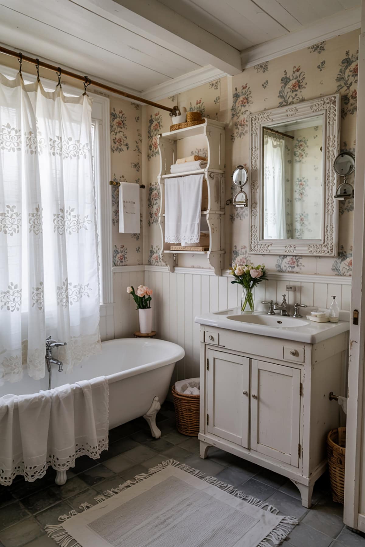 Cottagecore Bathroom With Lace Curtains