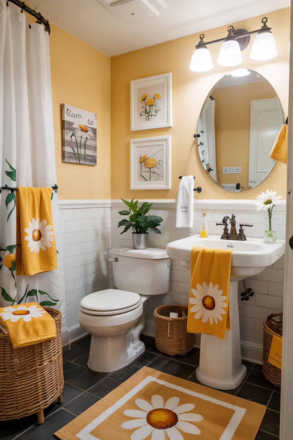Daisies and Sunshine in a Compact Bathroom
