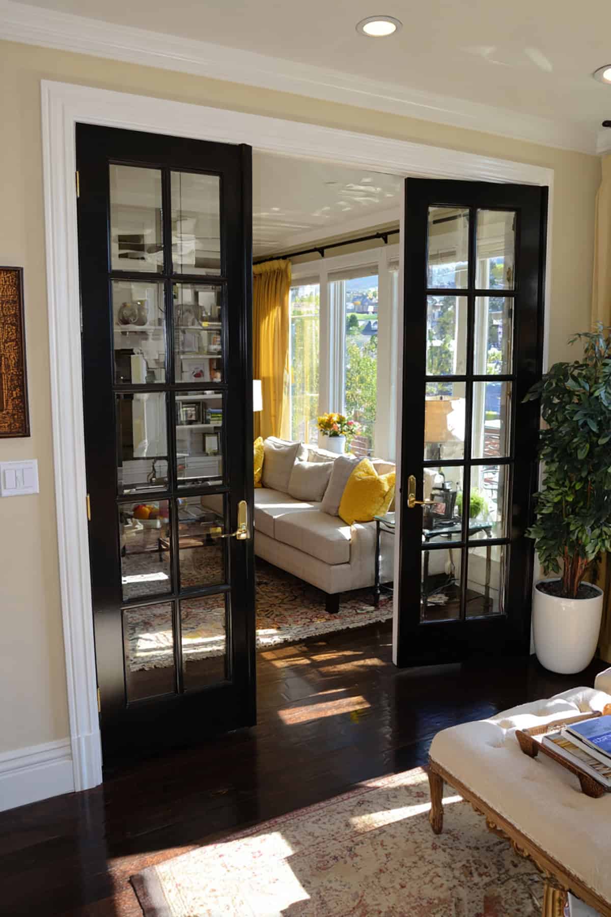 Double Black French Doors with White Trim and Glass Panels
