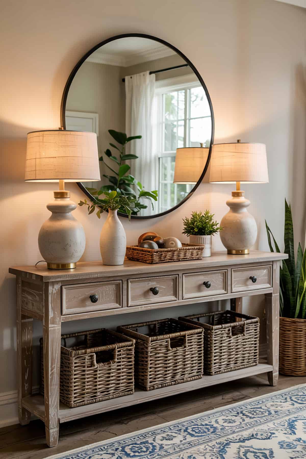 Entryway Console Table With Round Mirror and Woven Baskets