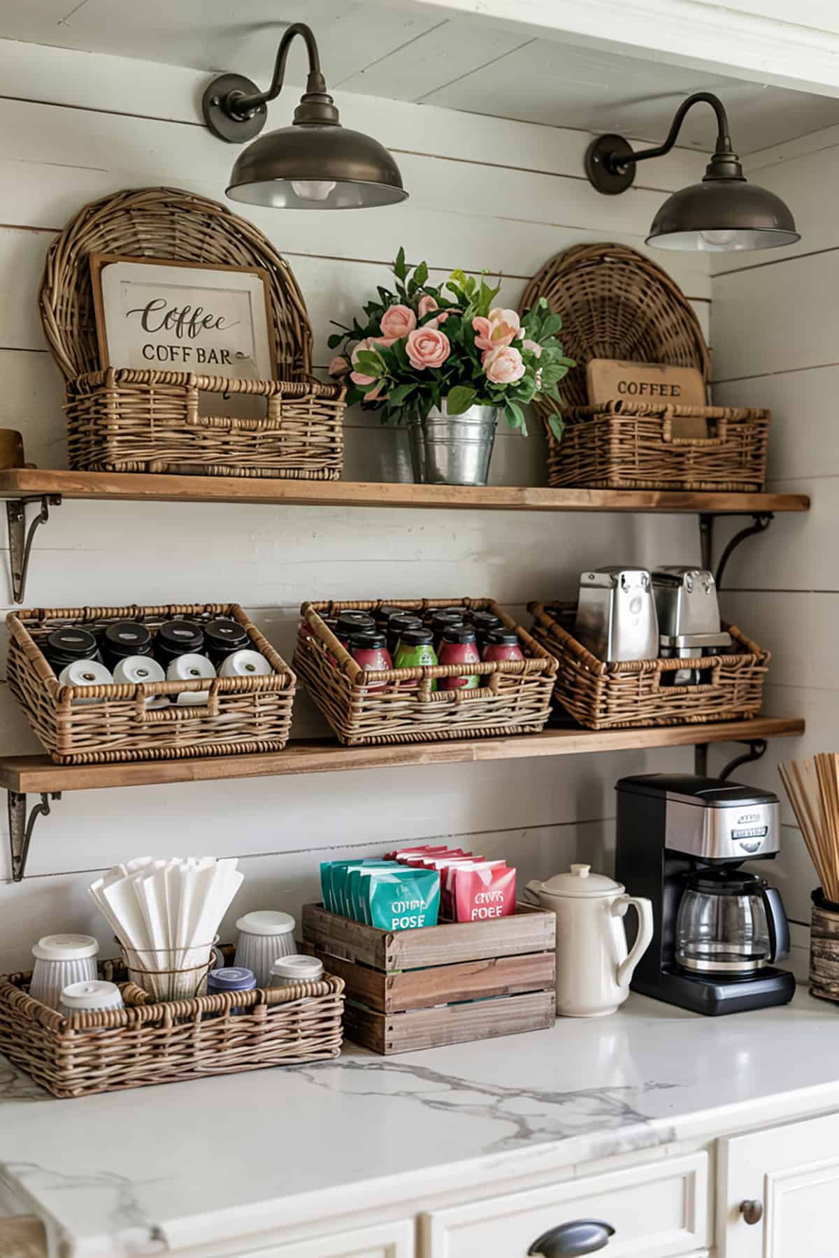 Farmhouse Style Coffee Bar With Wicker Baskets