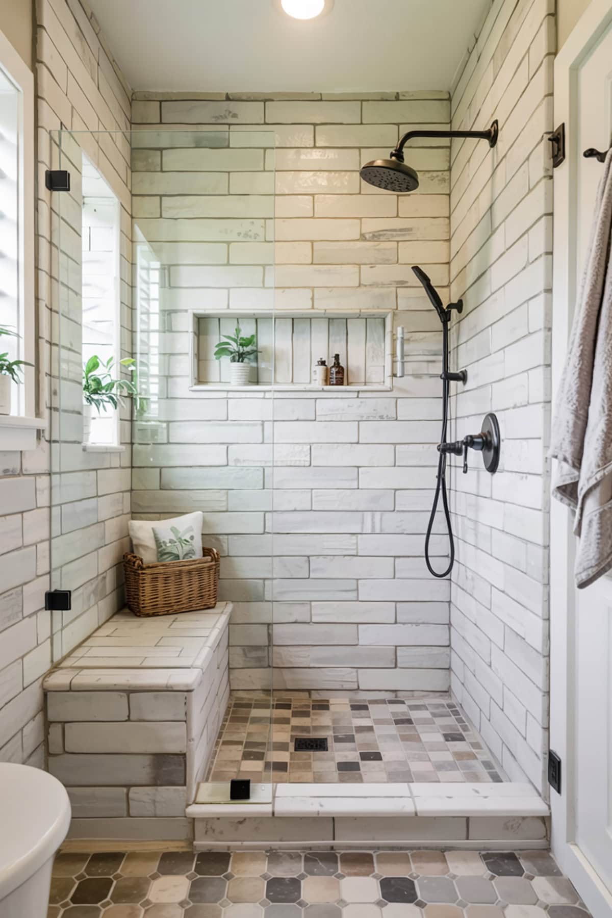 Farmhouse Style Walk In Shower With Shiplap Bench Area