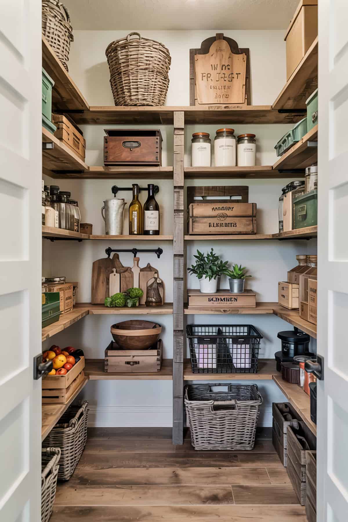 Farmhouse Walk In Pantry With Wood Accents