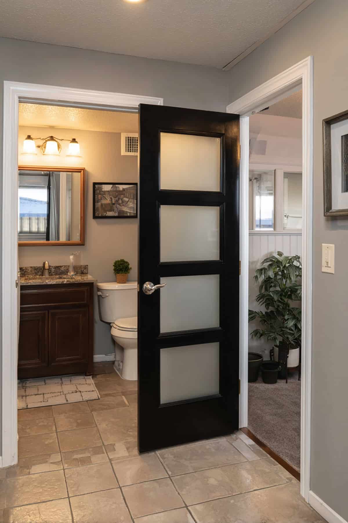 Frosted Glass Bathroom Black Door with White Trim