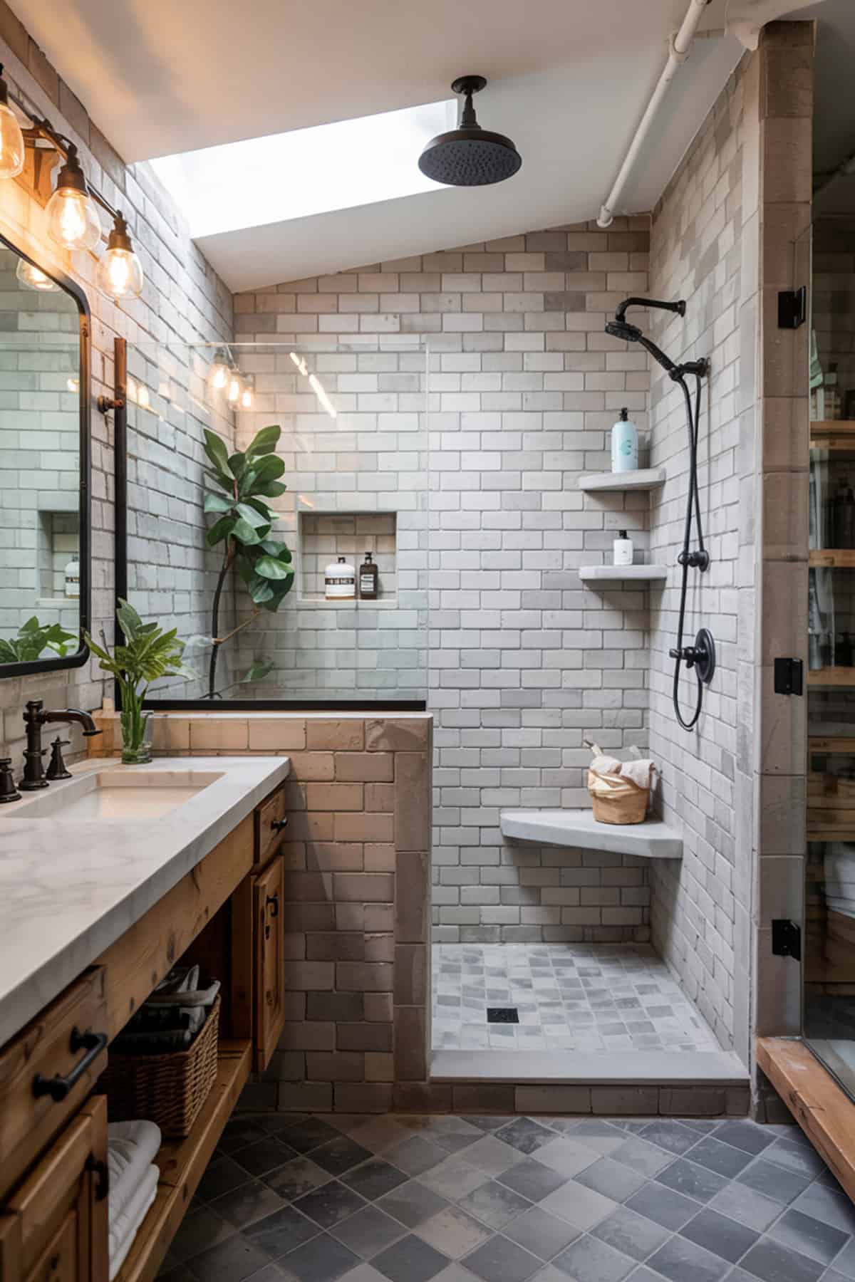 Industrial Style Walk In Shower With Concrete Bench