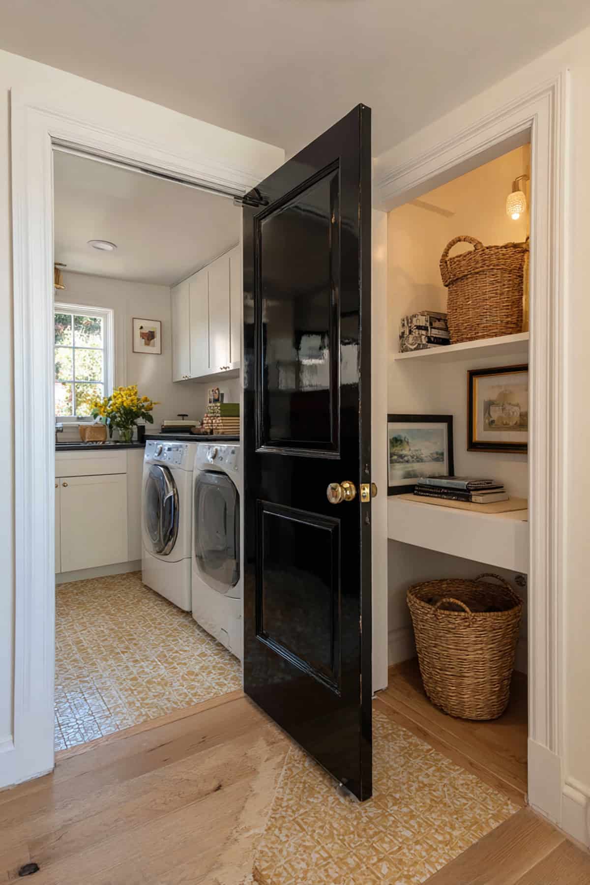 Laundry Room Black Dutch Door with White Trim