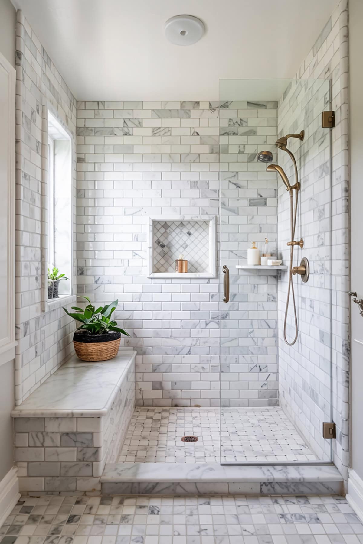 Marble Wrapped Walk In Shower With Matching Bench