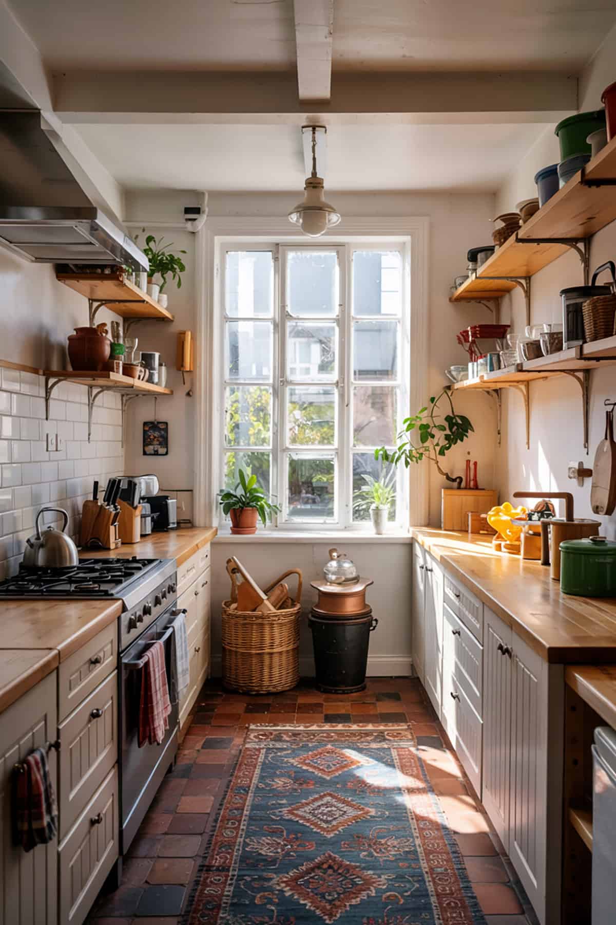 Narrow Kitchen With Large Window at the End