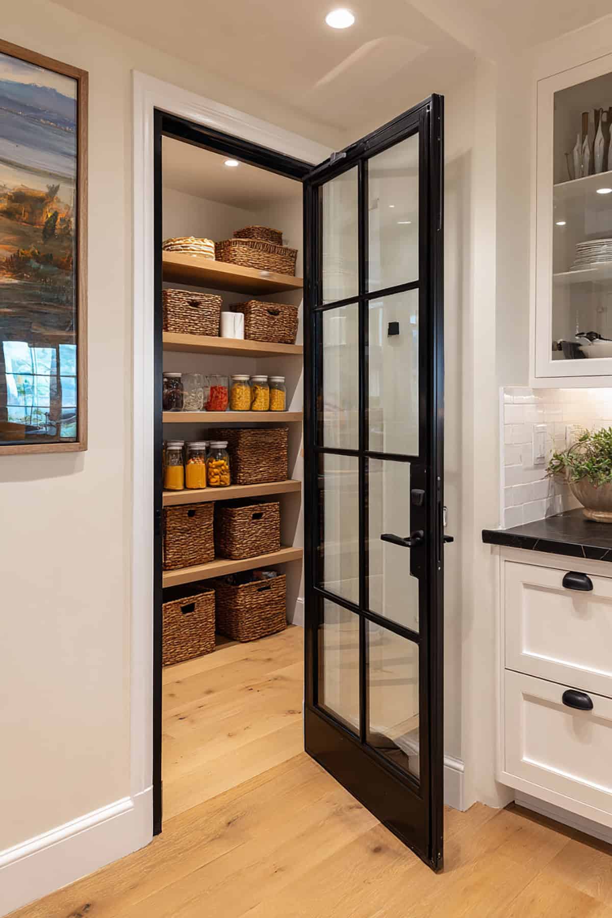 Pantry Room Black Glass Door with White Trim