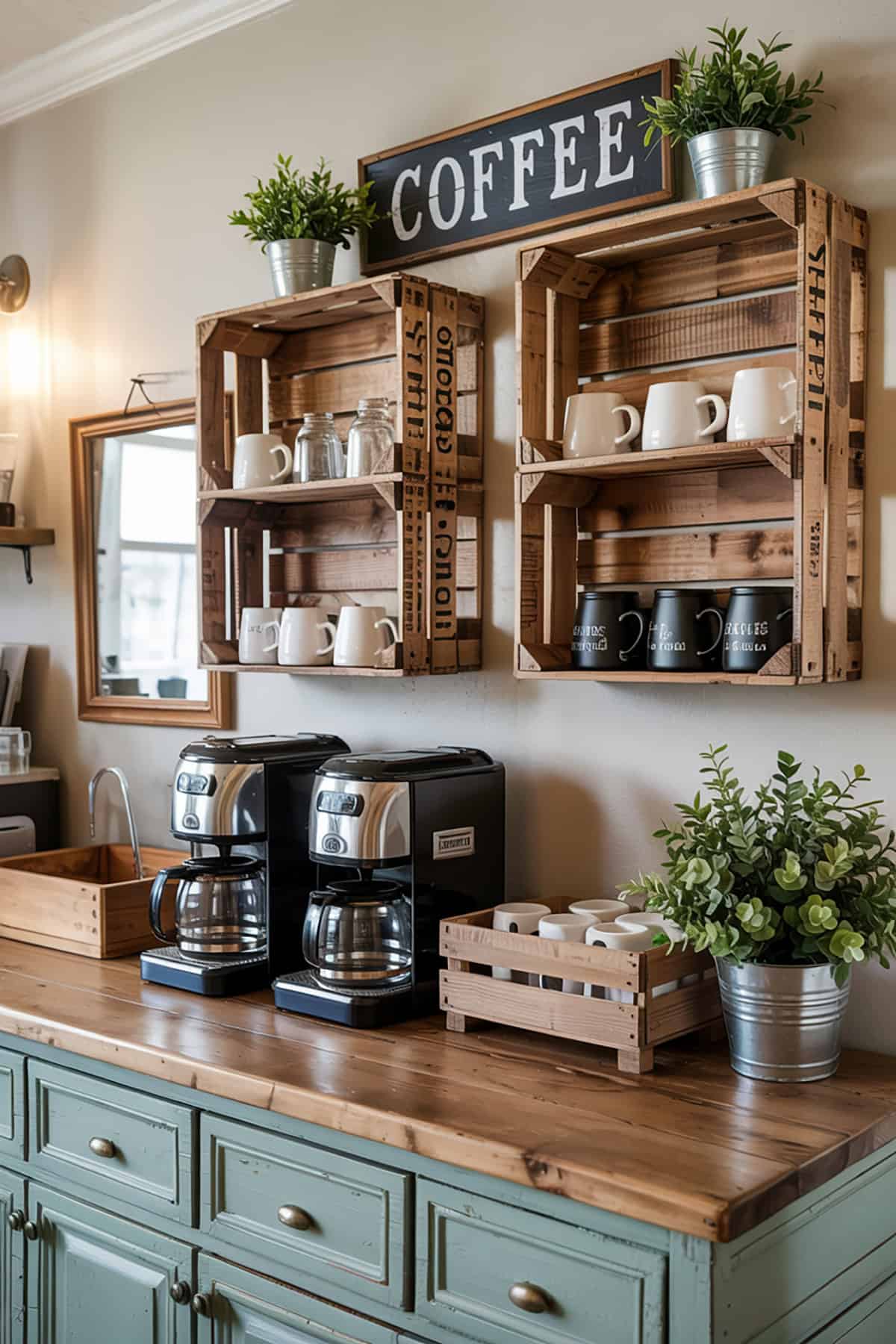 Rustic Coffee Bar With Wood Crate Shelving