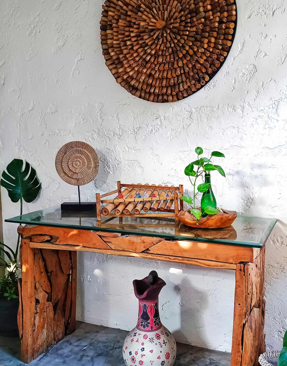 Rustic Wood Console Table with Organic Decor