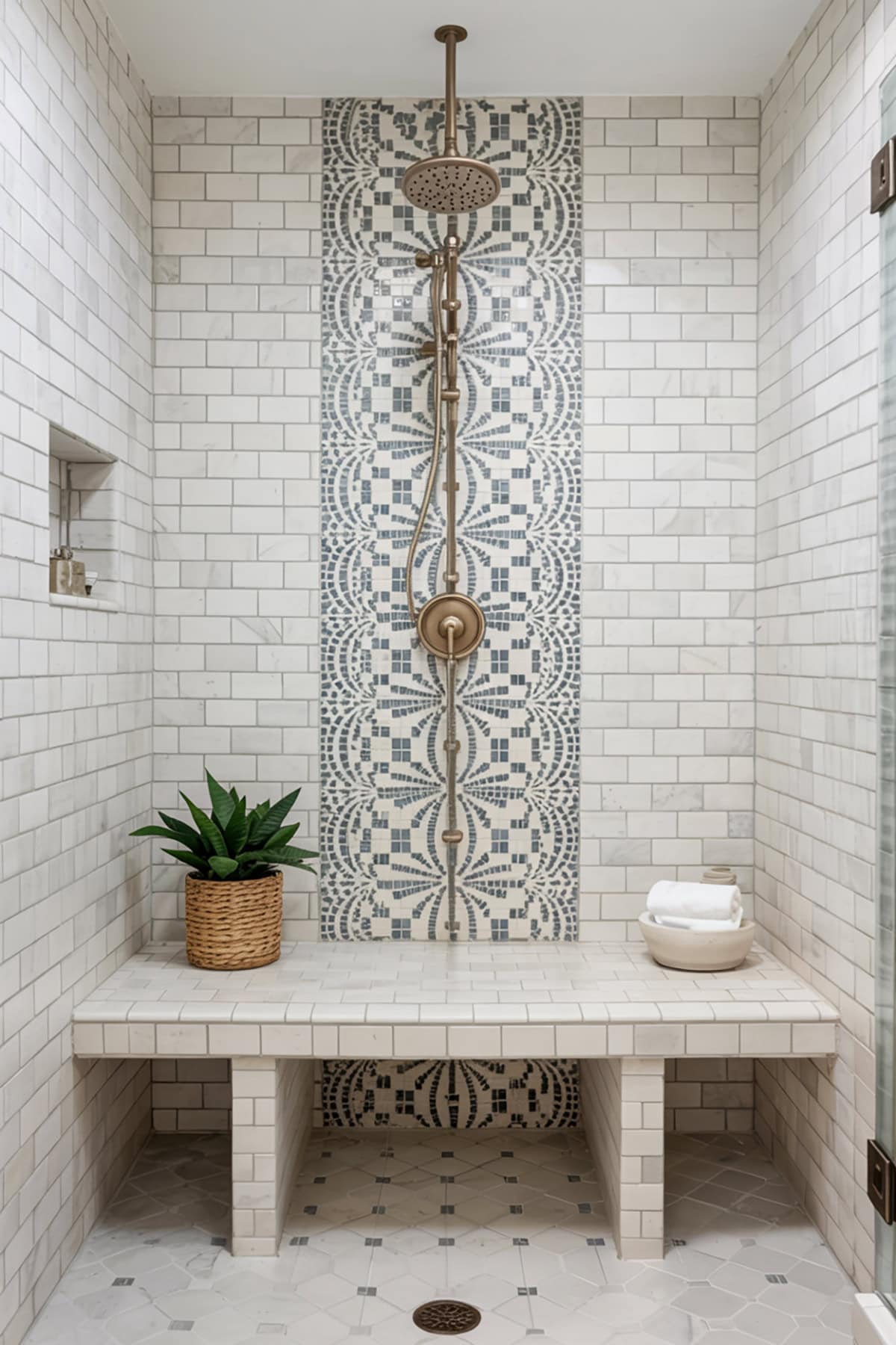 Shower With Mosaic Tile Accent and Bench
