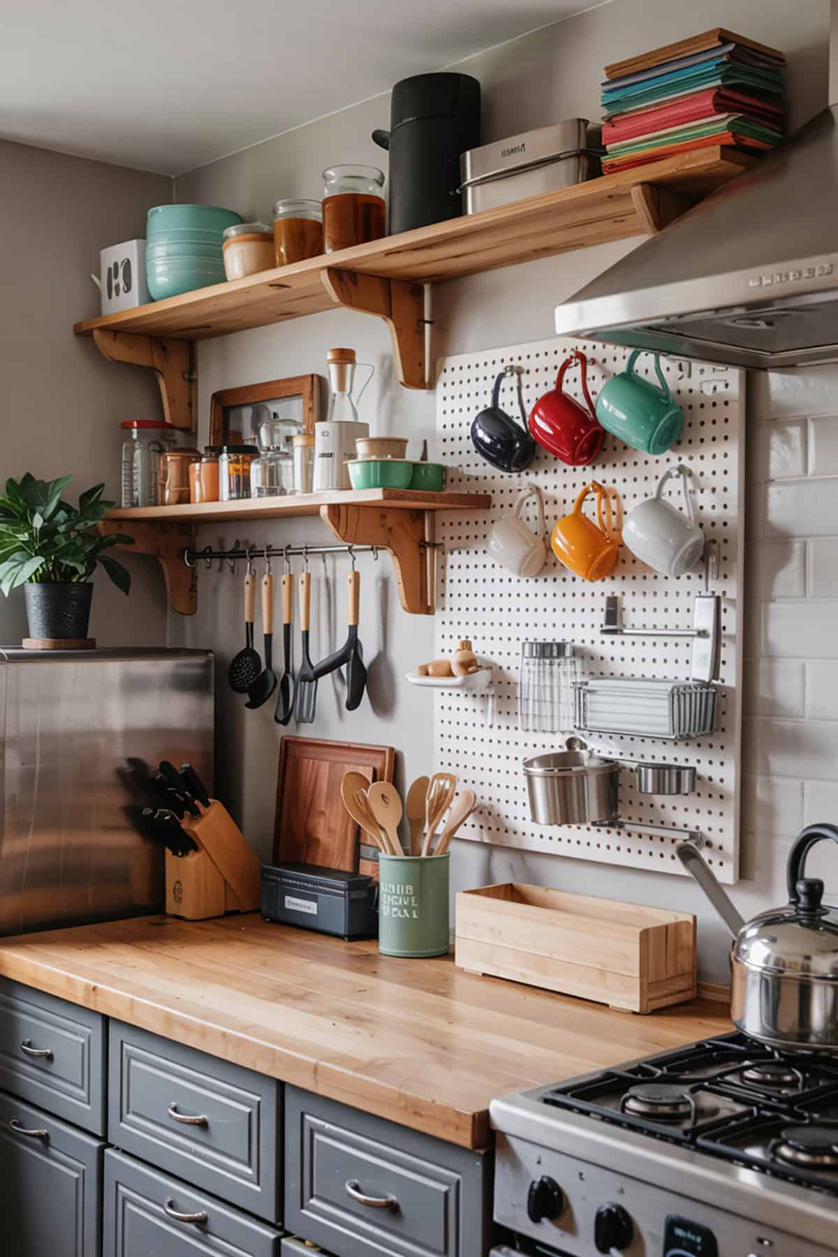 Slim Kitchen With a Pegboard Wall Organizer