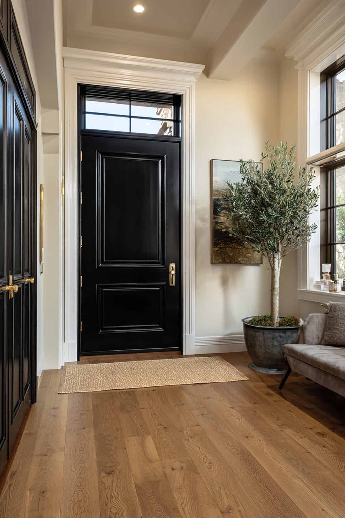 Tall Black Door with White Trim and Narrow Transom Window Above