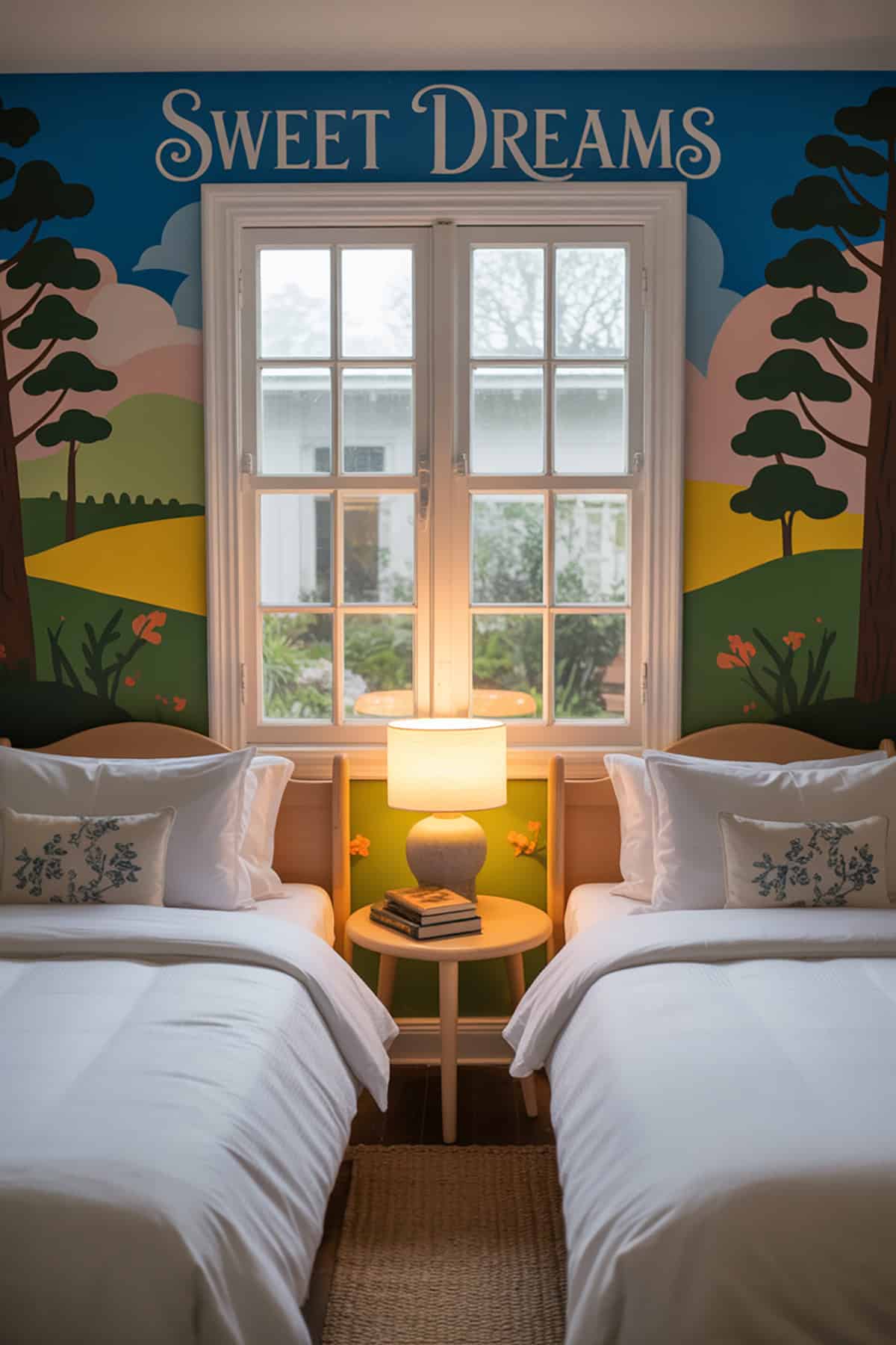 Two Beds Framed by a Shared Wall Mural
