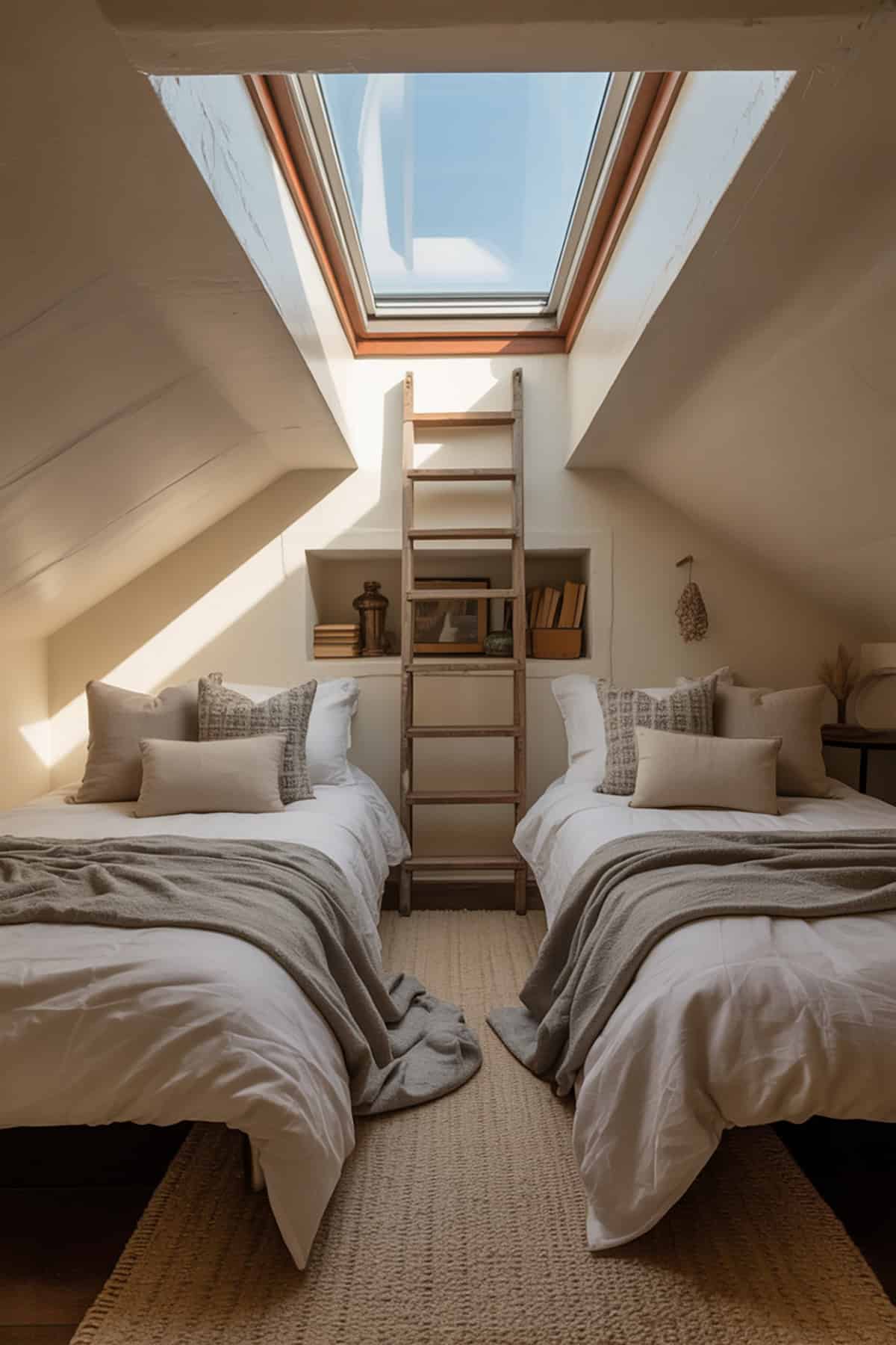 Two Beds in a Loft Room With Skylight Above