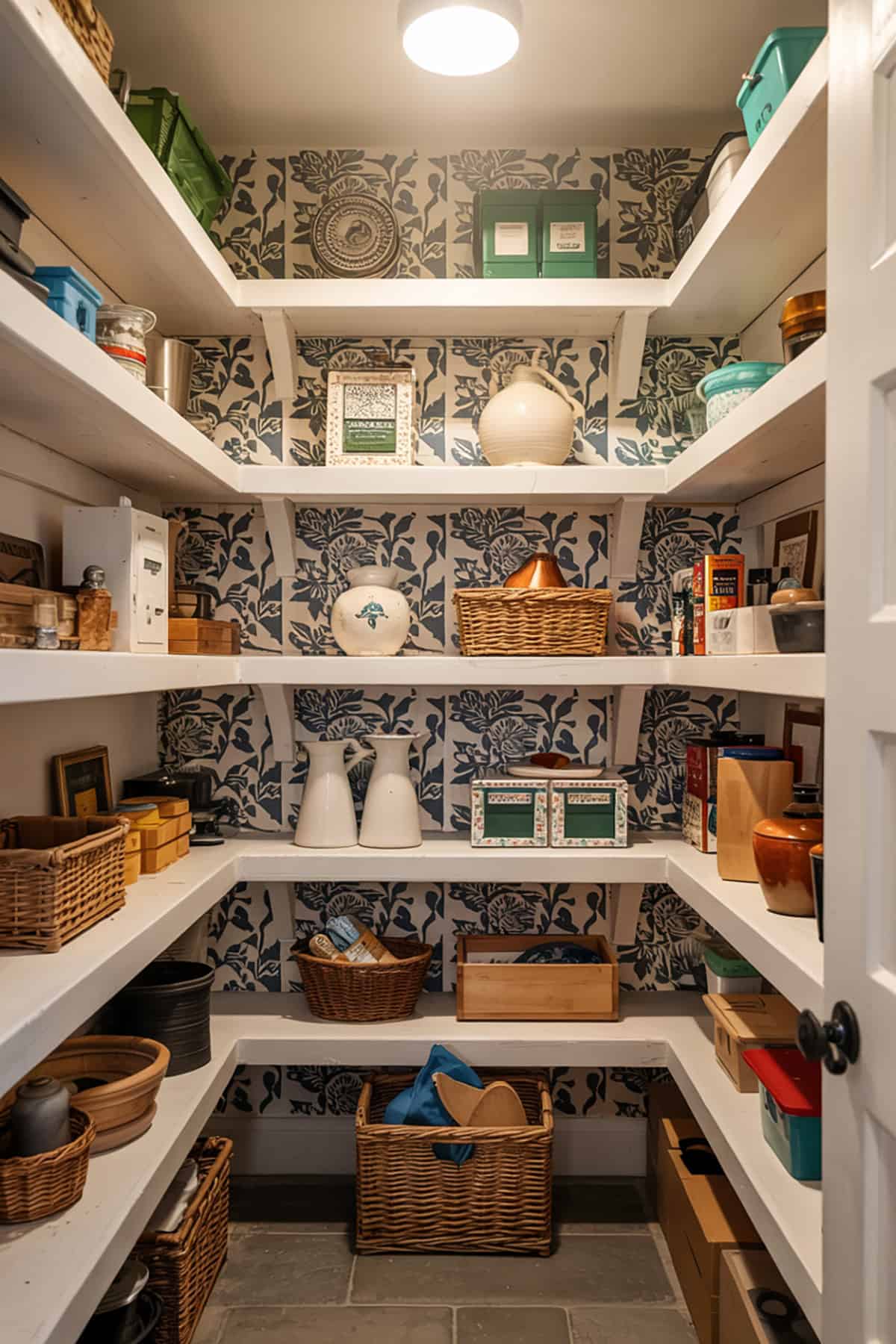 Walk In Pantry With Patterned Wallpaper Accent Wall