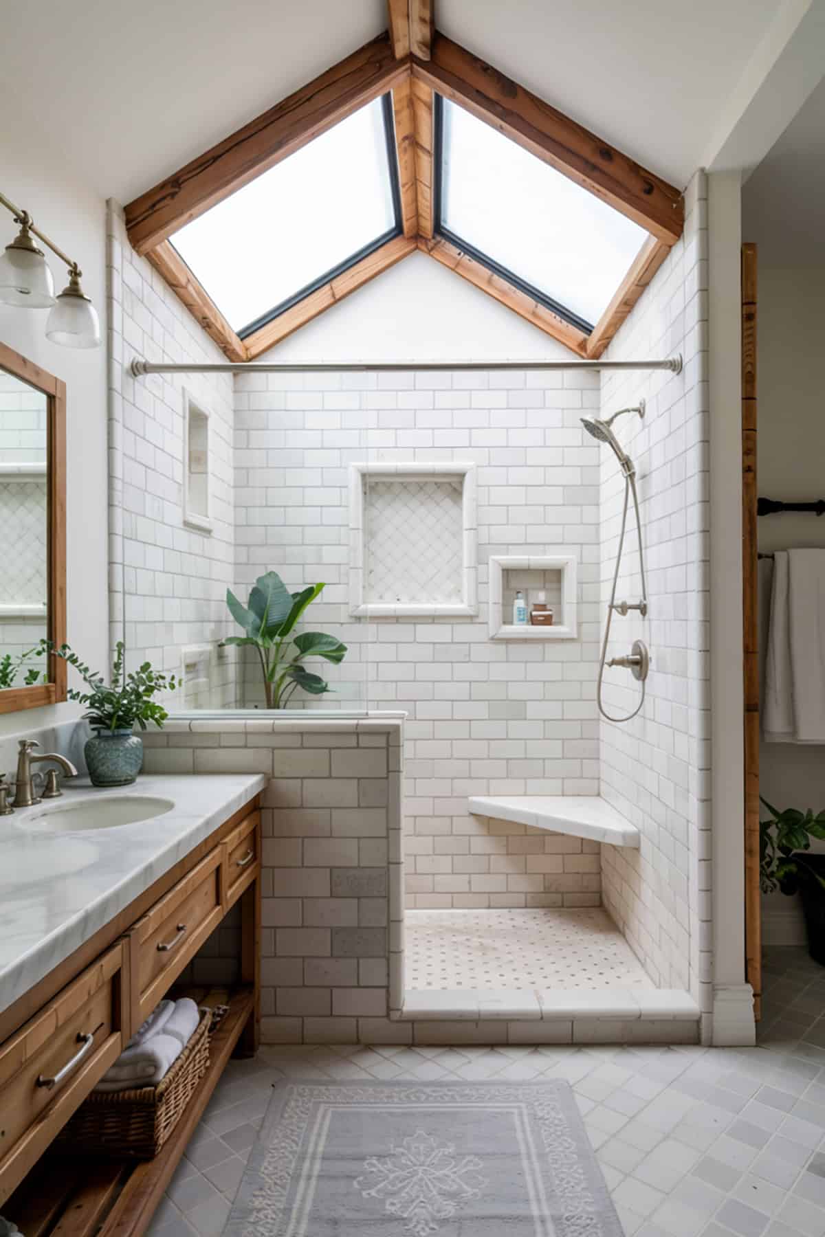 Walk In Shower With Bench and Skylight Above