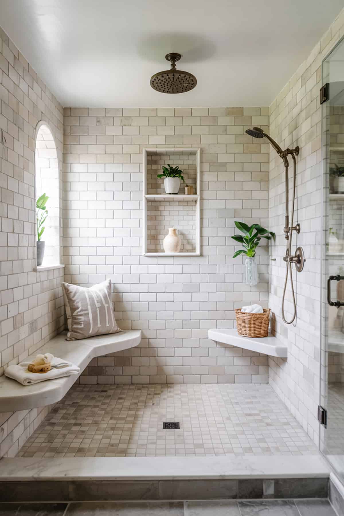 Walk In Shower With Built In Bench and Rainfall Showerhead