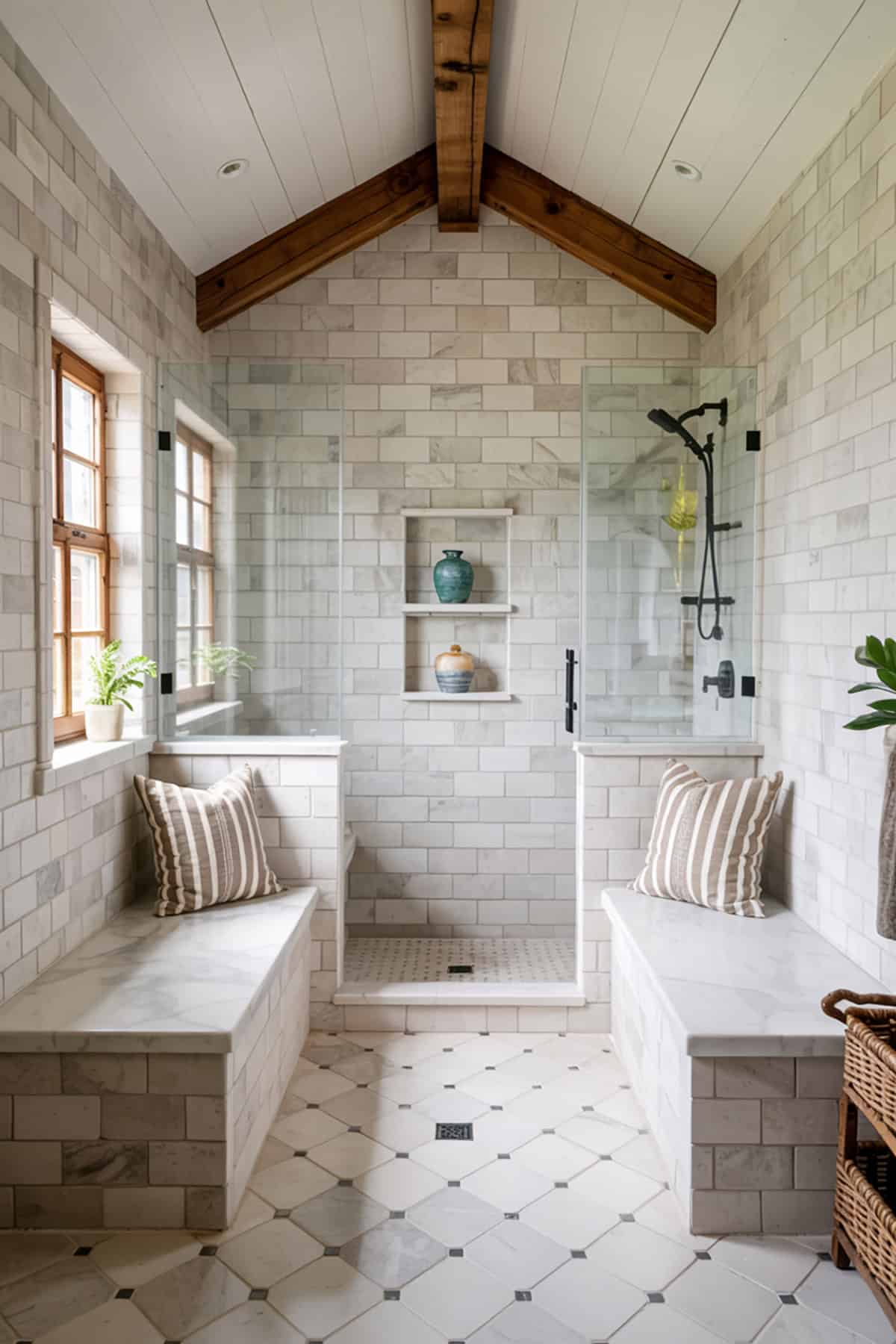 Walk In Shower With Dual Benches on Both Sides
