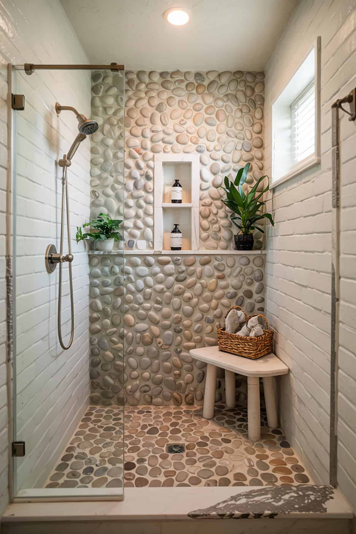 Walk In Shower With Pebble Tile Flooring and Bench