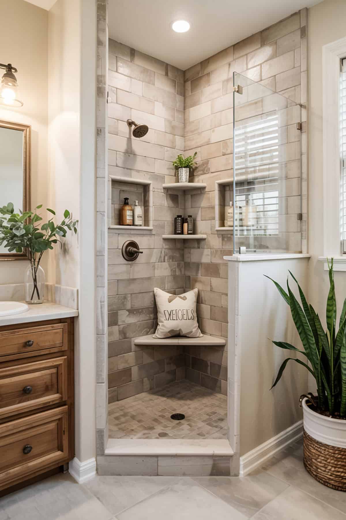 Walk In Shower With Wood Look Tile and Corner Bench