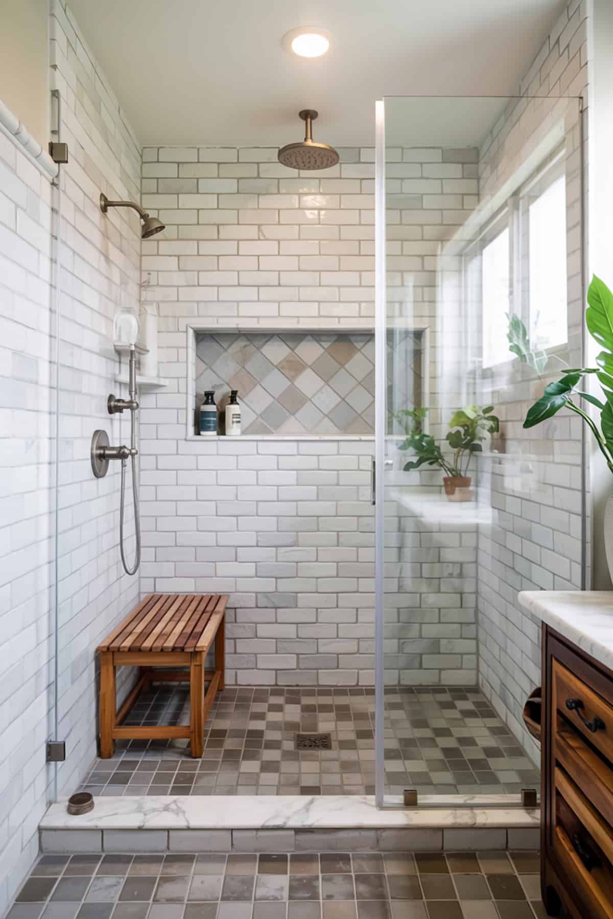 Walk In Shower With Wood Slatted Bench
