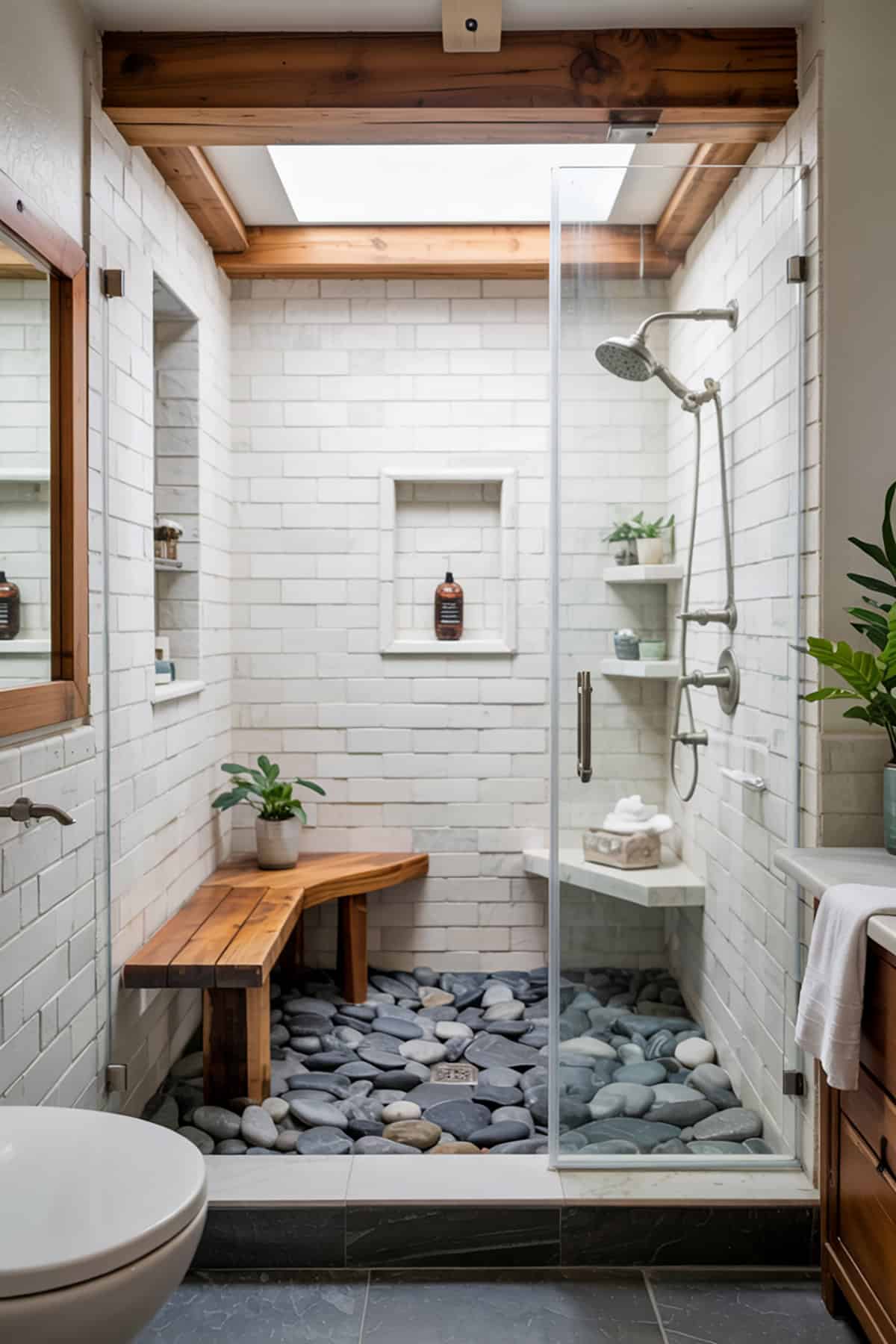 Zen Walk In Shower With Teak Bench and River Rocks