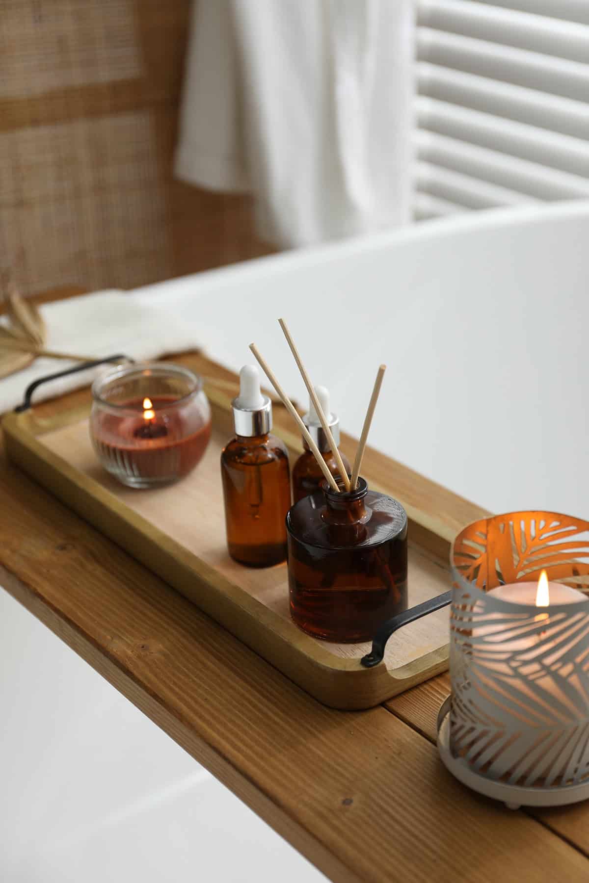 Amber Glass Bottles and Candle Glow