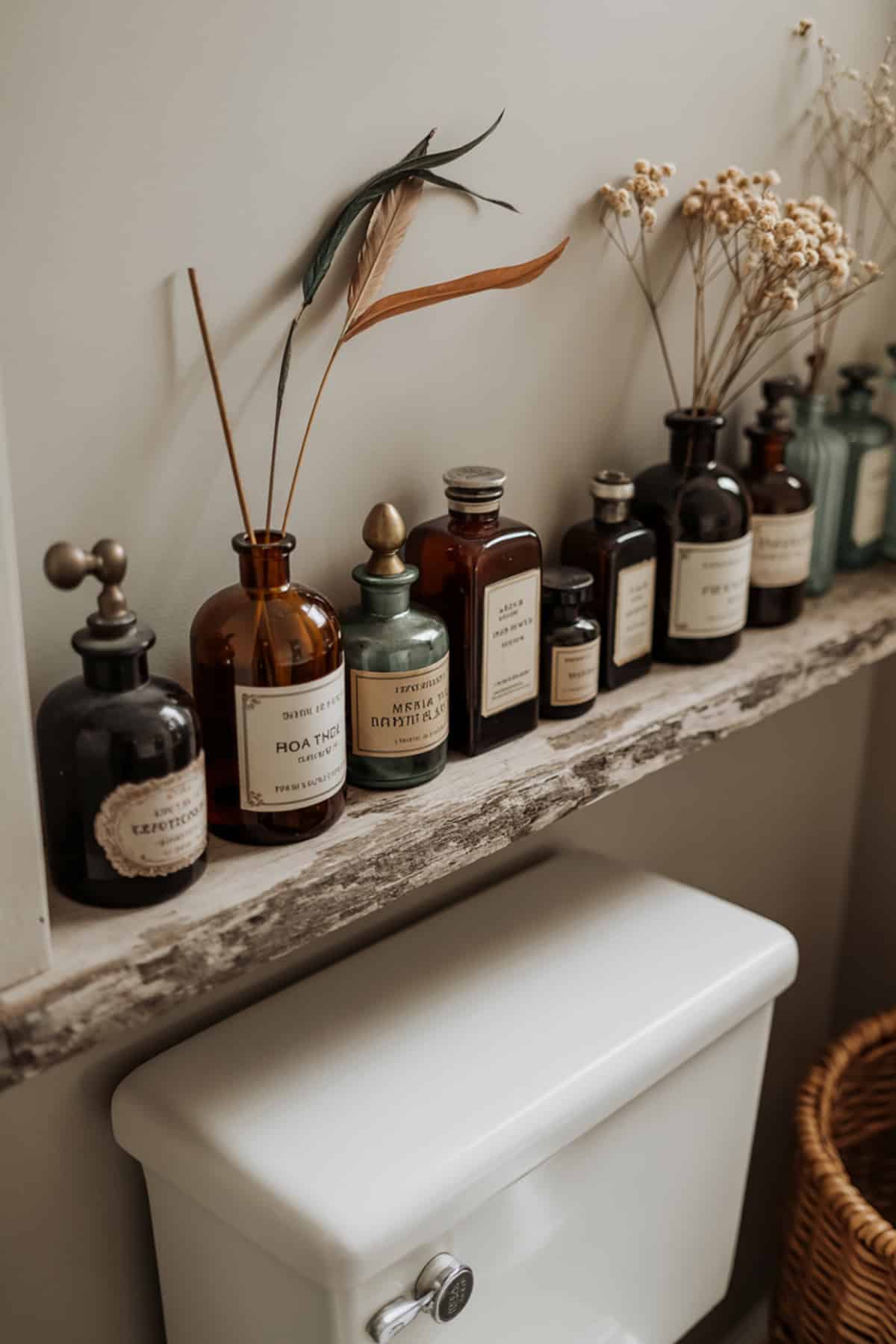 Apothecary Style Shelf with Vintage Bottles