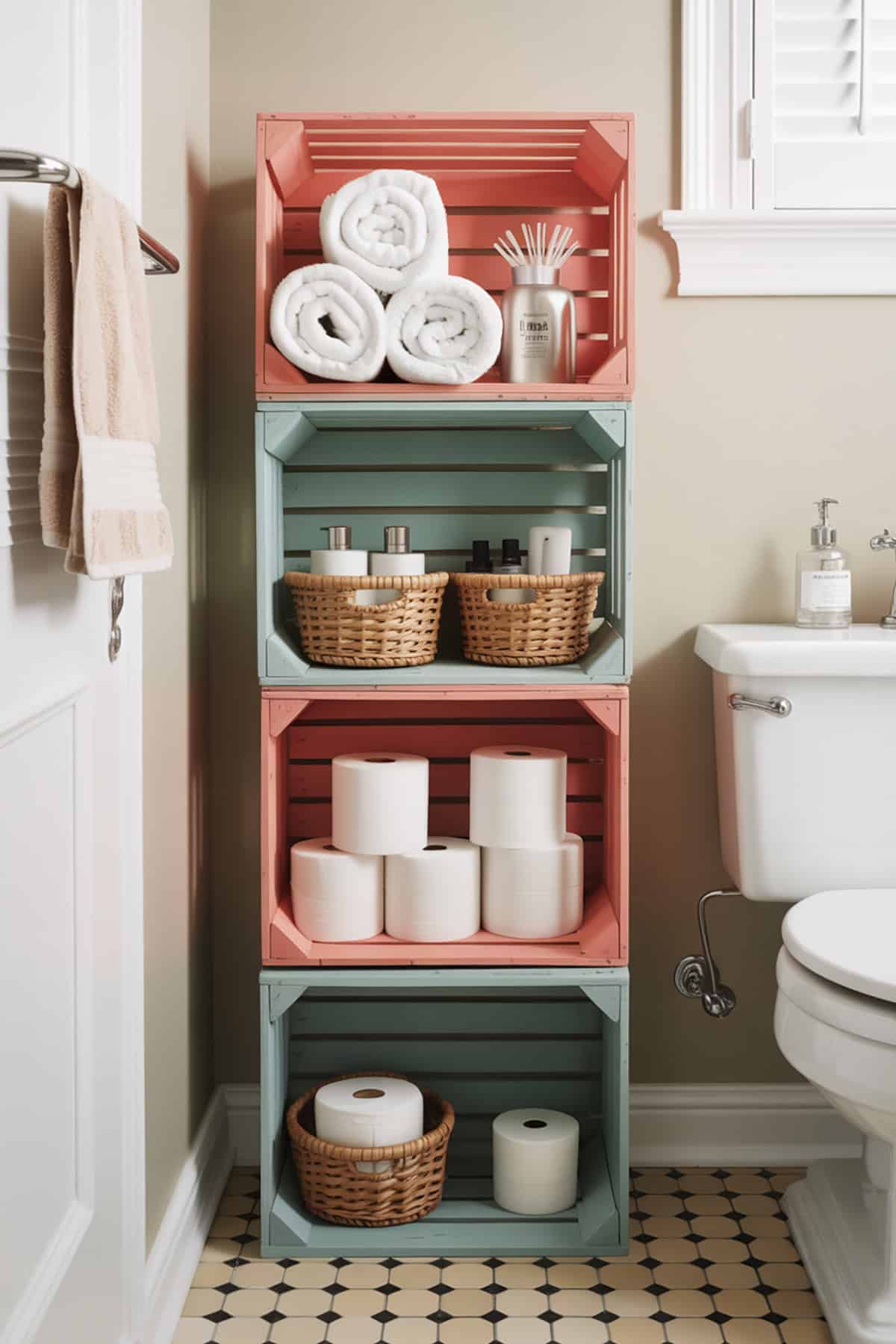 Bathroom Shelf Stack With Painted Crates