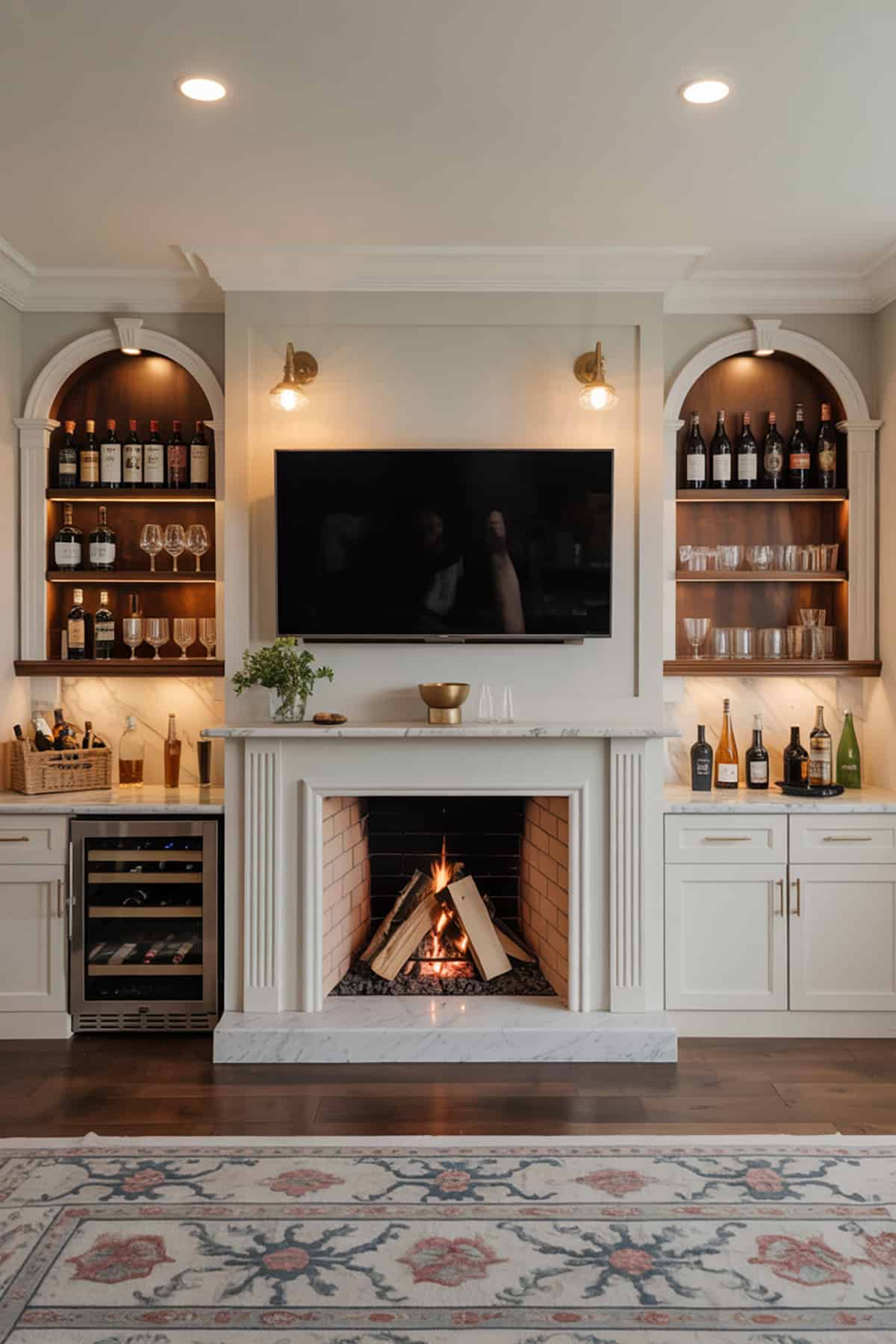 Built In Home Bar Flanking the Fireplace