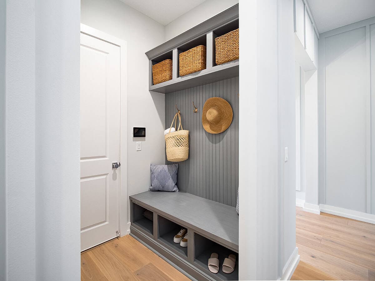 Built In Mudroom Bench and Cubbies at Garage Entry