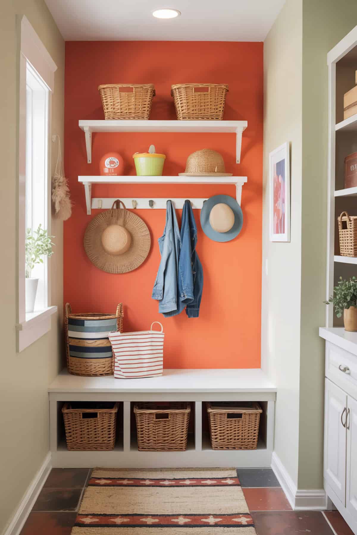 Colorful Accent Wall With Wall Mounted Shelves