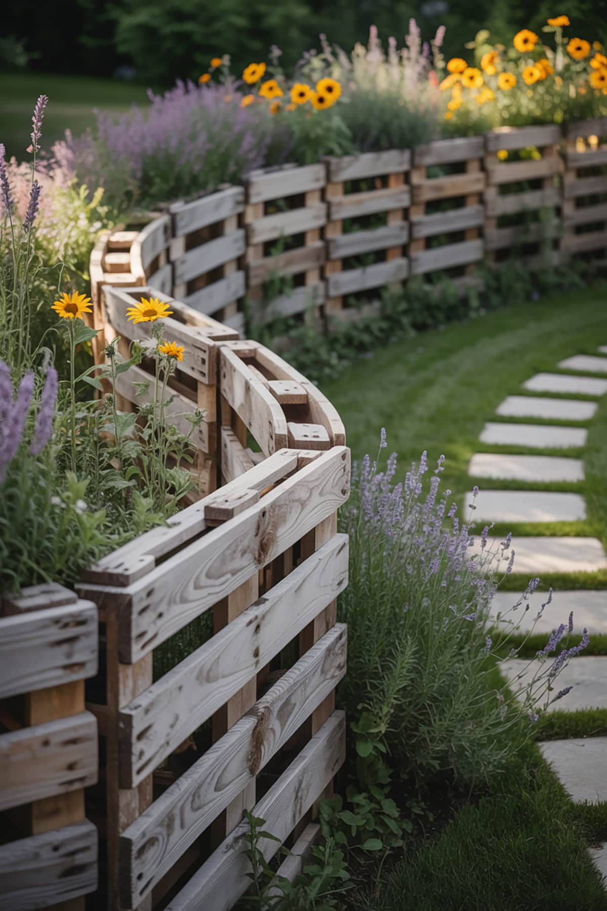 Curved Pallet Fence With Flower Bed